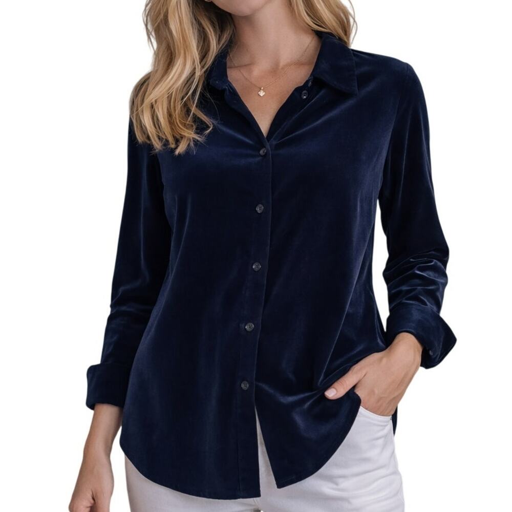 Susan Graver Velvet Longsleeve Button Down Dress Shirt Navy Blue Womens Large